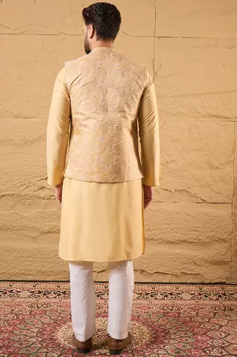 Mens yellow silk blend woven design mandarin collar koti