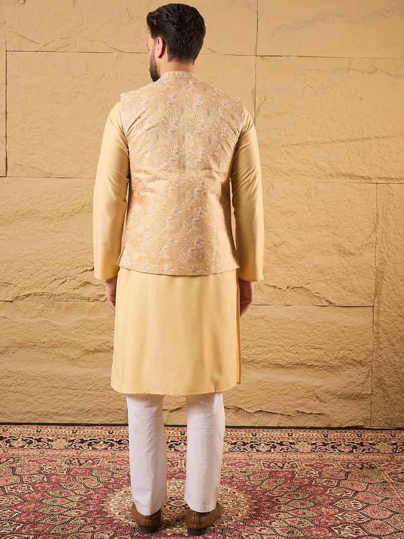 Mens yellow silk blend woven design mandarin collar koti