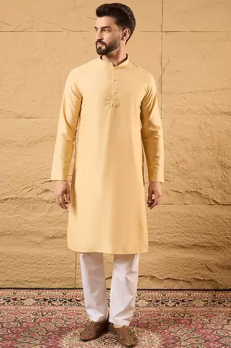 Mens yellow silk blend woven design mandarin collar koti