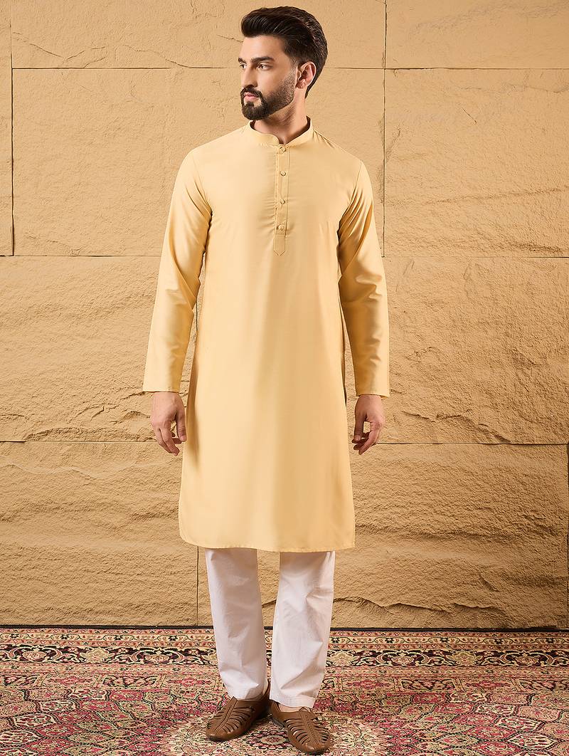 Mens yellow silk blend woven design mandarin collar koti