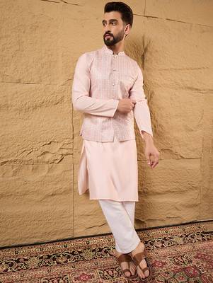 Mens pink silk blend woven design mandarin collar koti 1