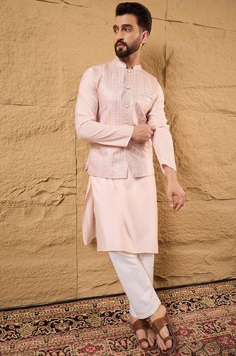 Mens pink silk blend woven design mandarin collar koti