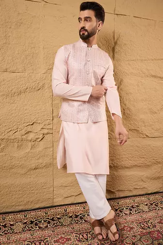 Mens pink silk blend woven design mandarin collar koti