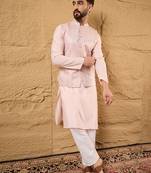 Mens pink silk blend woven design mandarin collar koti