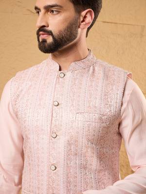 Mens pink silk blend woven design mandarin collar koti 2