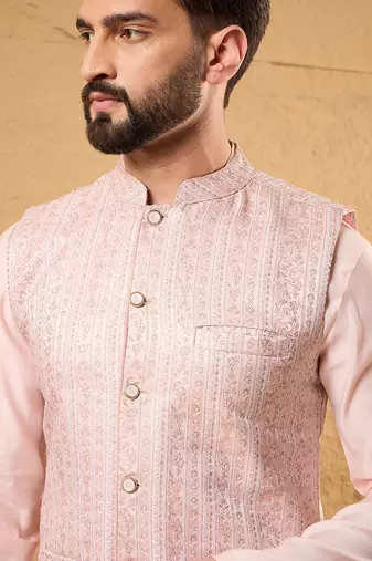 Mens pink silk blend woven design mandarin collar koti