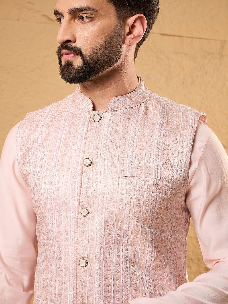 Mens pink silk blend woven design mandarin collar koti