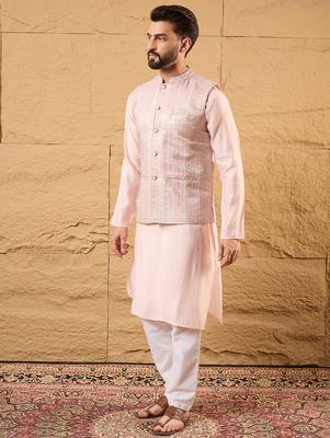 Mens pink silk blend woven design mandarin collar koti 3