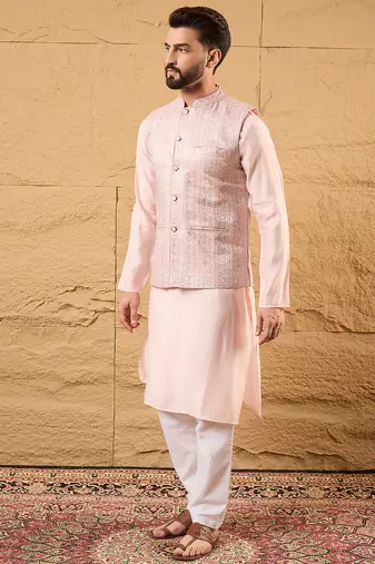 Mens pink silk blend woven design mandarin collar koti