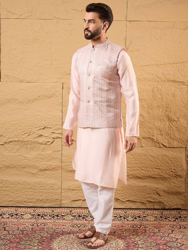 Mens pink silk blend woven design mandarin collar koti