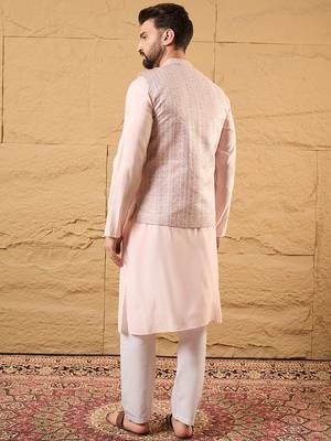 Mens pink silk blend woven design mandarin collar koti 4