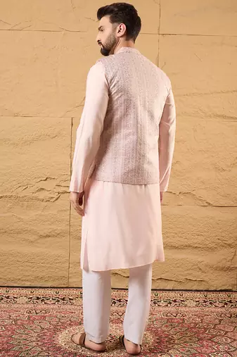 Mens pink silk blend woven design mandarin collar koti