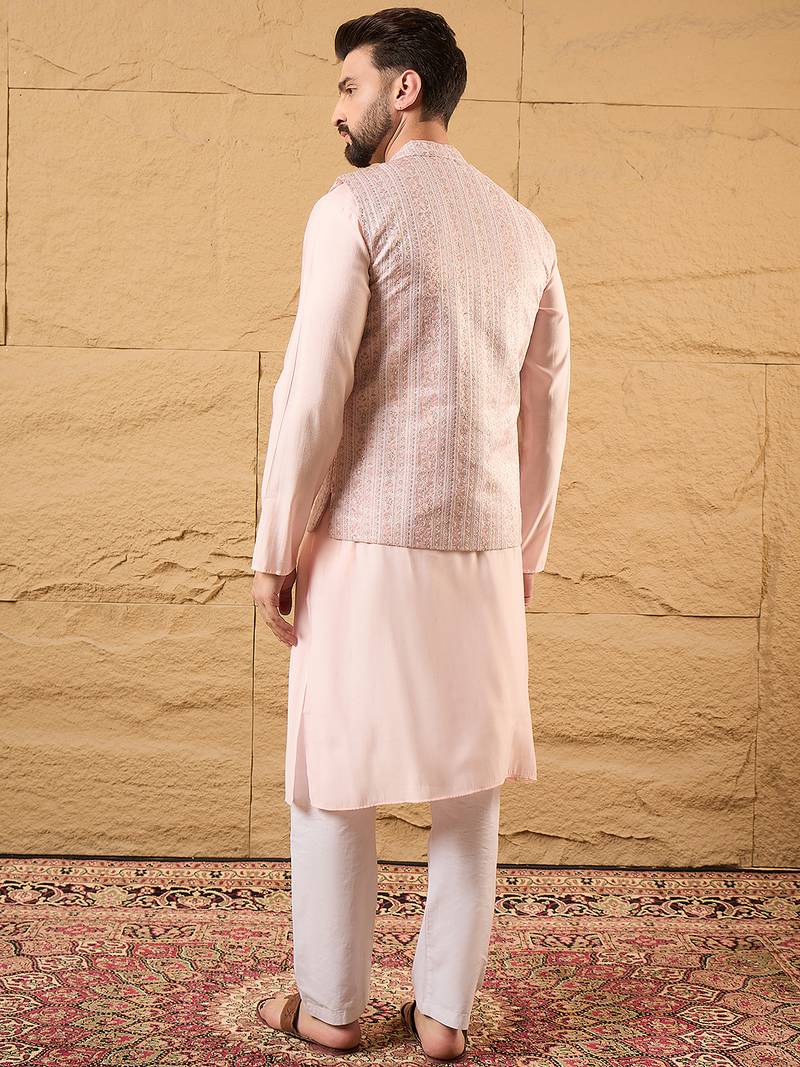 Mens pink silk blend woven design mandarin collar koti
