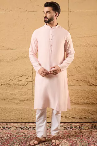 Mens pink silk blend woven design mandarin collar koti