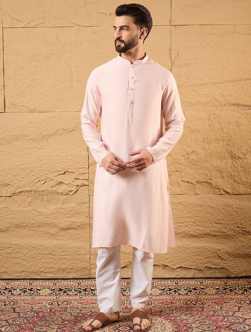Mens pink silk blend woven design mandarin collar koti