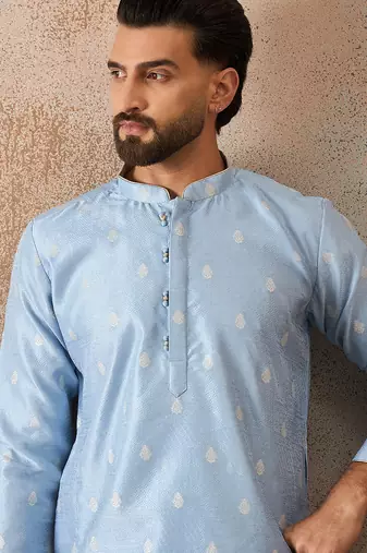 Mens blue silk blend floral straight kurta with trousers