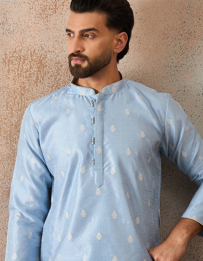 Mens blue silk blend floral straight kurta with trousers
