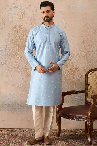 Mens blue silk blend floral straight kurta with trousers