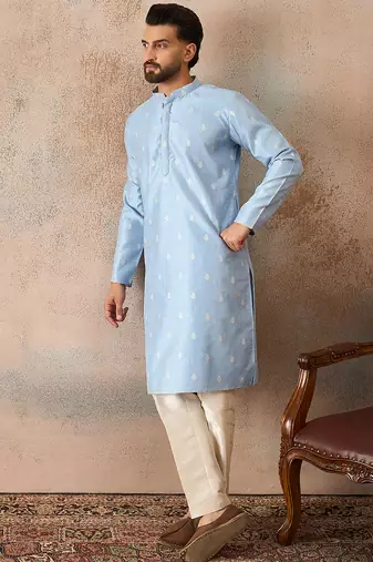 Mens blue silk blend floral straight kurta with trousers