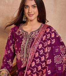 Womens purple silk blend ethnic motifs printed straight kurta trouser with dupatta