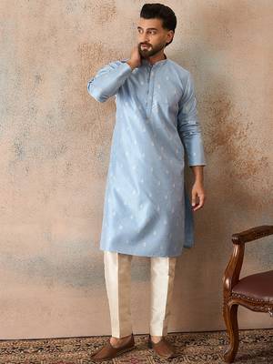 Mens blue silk blend floral straight kurta with trousers 5