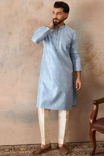 Mens blue silk blend floral straight kurta with trousers