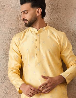 Mens yellow silk blend floral straight kurta with trousers 1