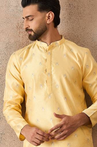 Mens yellow silk blend floral straight kurta with trousers
