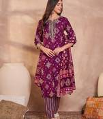 Womens purple silk blend ethnic motifs printed straight kurta trouser with dupatta