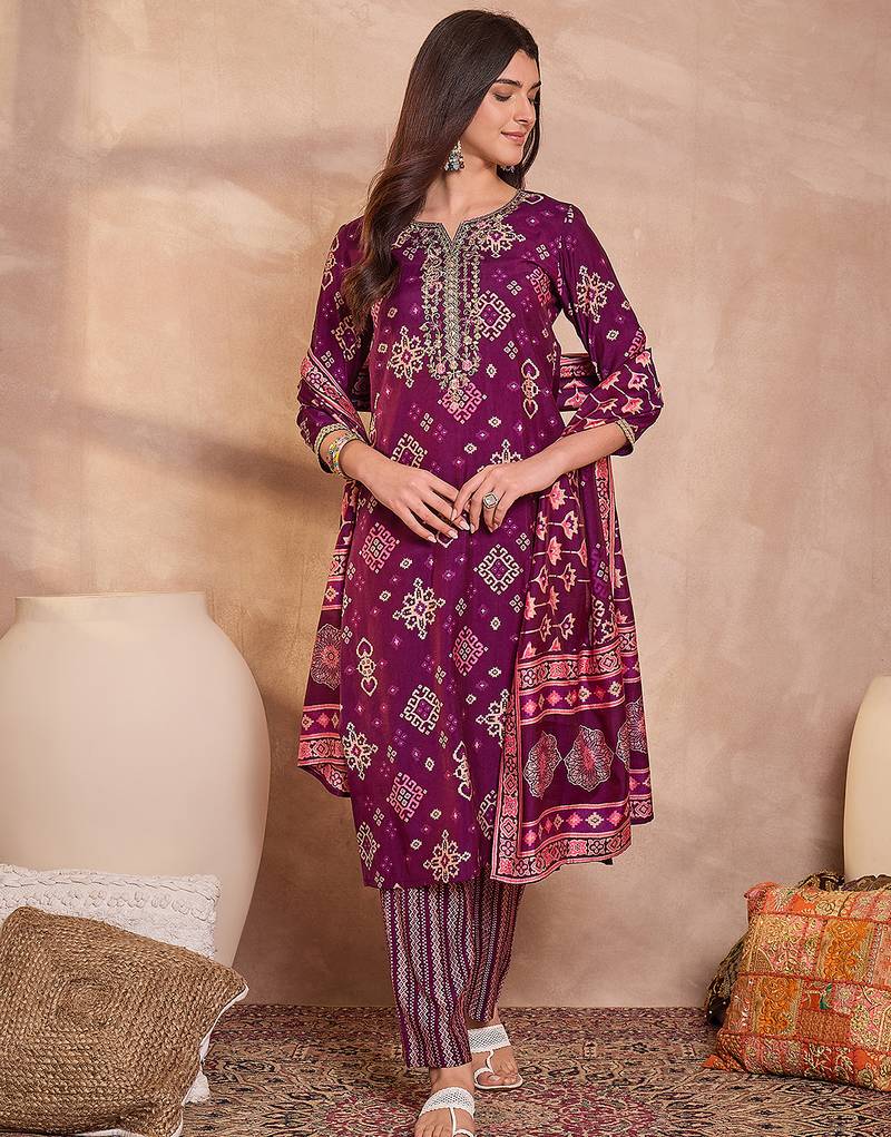 Womens purple silk blend ethnic motifs printed straight kurta trouser with dupatta