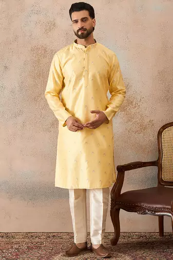 Mens yellow silk blend floral straight kurta with trousers