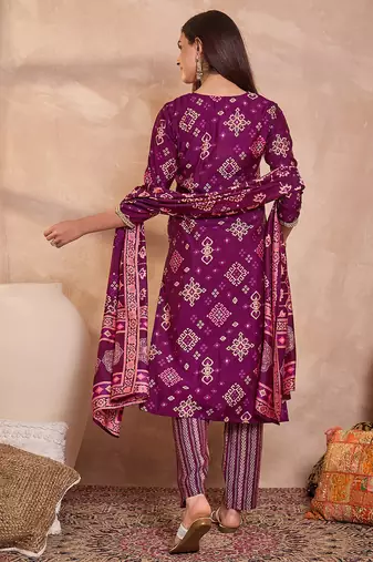 Womens purple silk blend ethnic motifs printed straight kurta trouser with dupatta