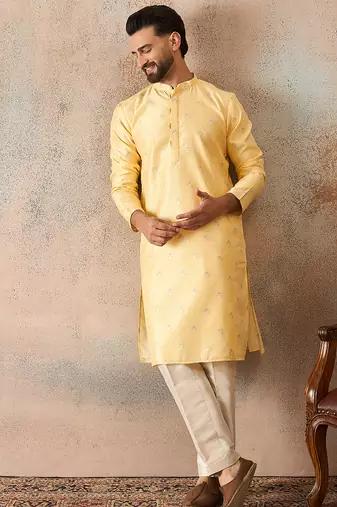 Mens yellow silk blend floral straight kurta with trousers
