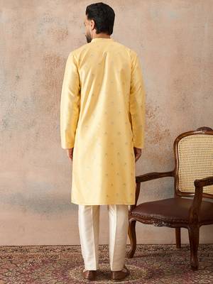 Mens yellow silk blend floral straight kurta with trousers 4