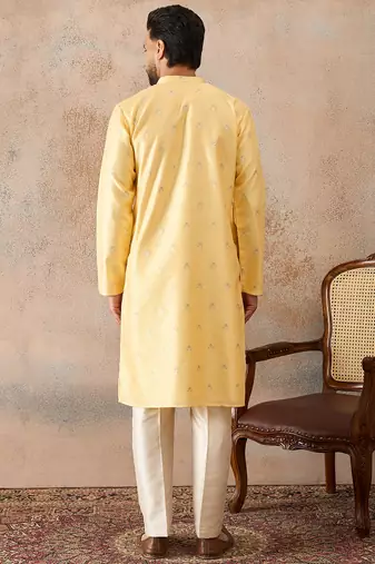 Mens yellow silk blend floral straight kurta with trousers