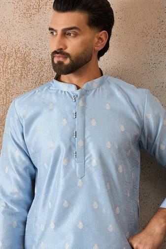 Mens blue silk blend floral straight kurta