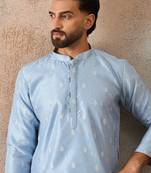 Mens blue silk blend floral straight kurta