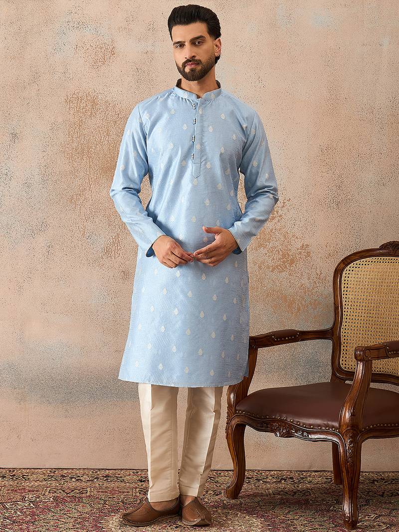Mens blue silk blend floral straight kurta