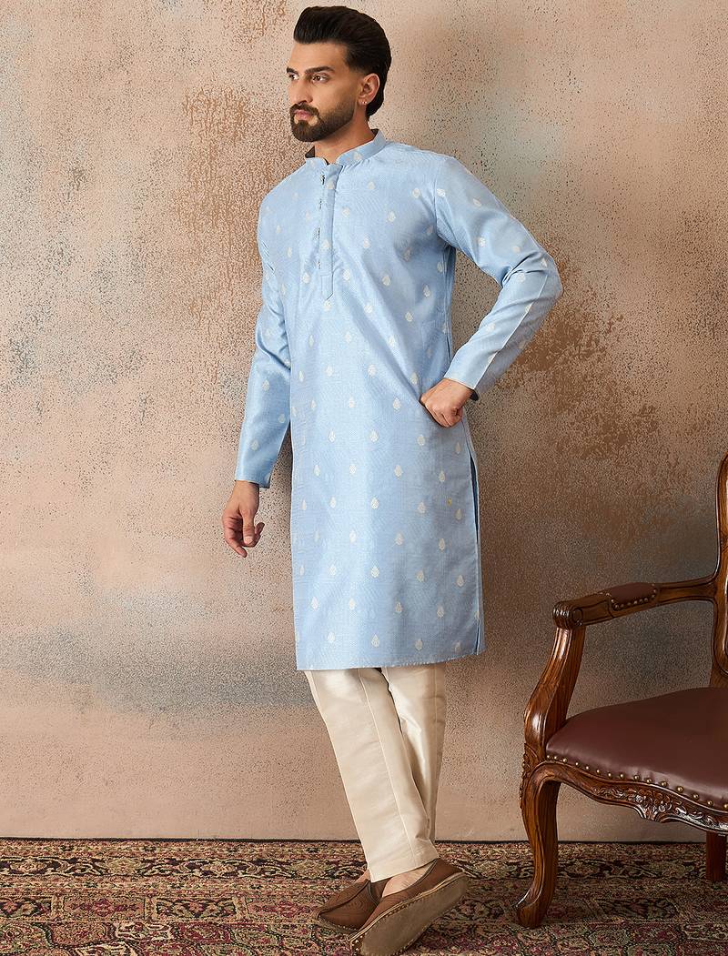 Mens blue silk blend floral straight kurta
