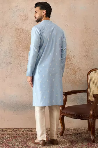 Mens blue silk blend floral straight kurta