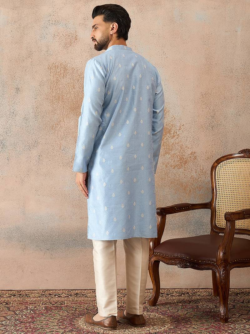 Mens blue silk blend floral straight kurta