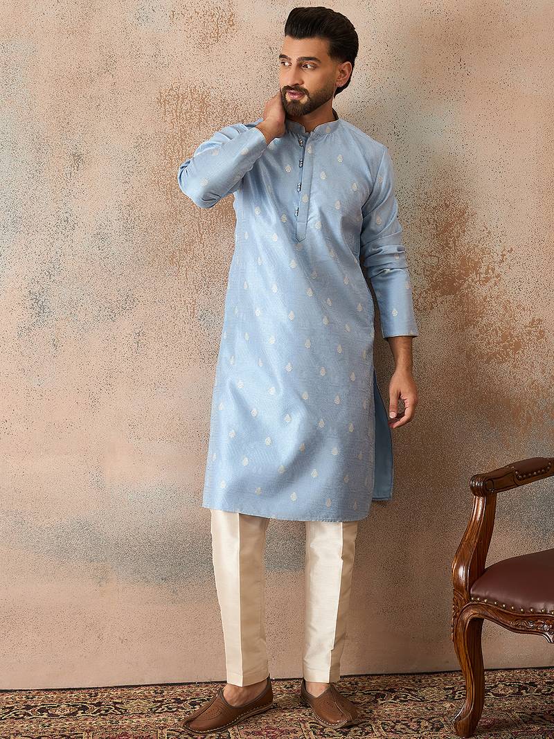 Mens blue silk blend floral straight kurta