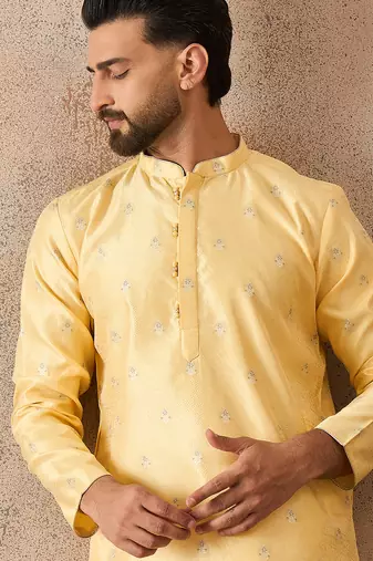 Mens yellow silk blend floral straight kurta