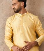 Mens yellow silk blend floral straight kurta