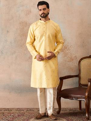 Mens yellow silk blend floral straight kurta 2