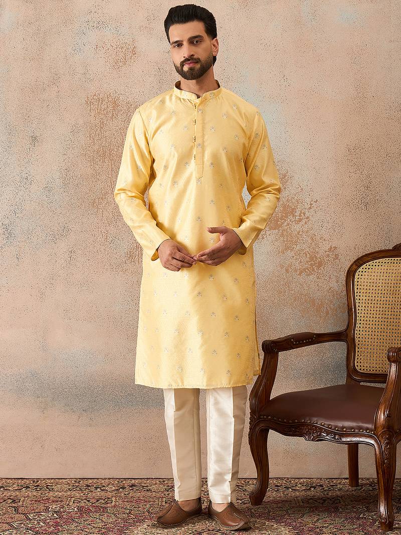 Mens yellow silk blend floral straight kurta