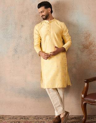 Mens yellow silk blend floral straight kurta 3