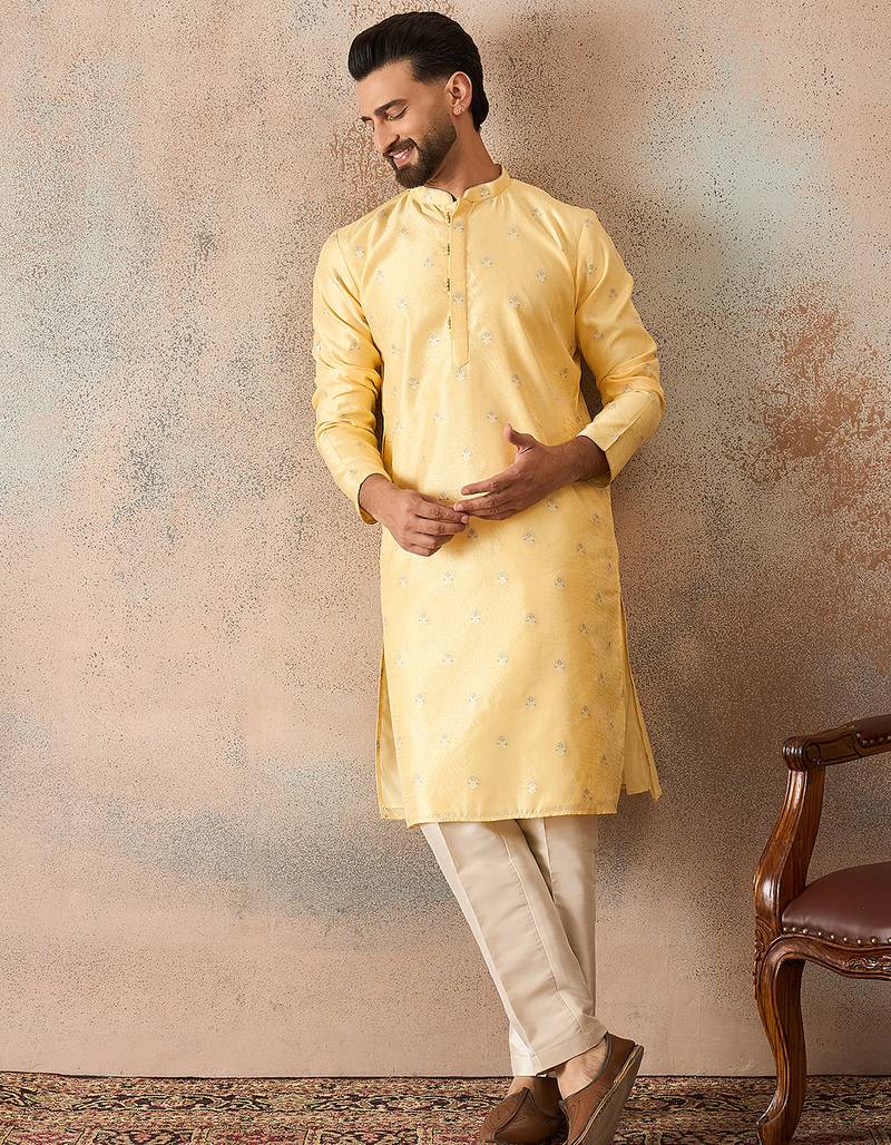 Mens yellow silk blend floral straight kurta