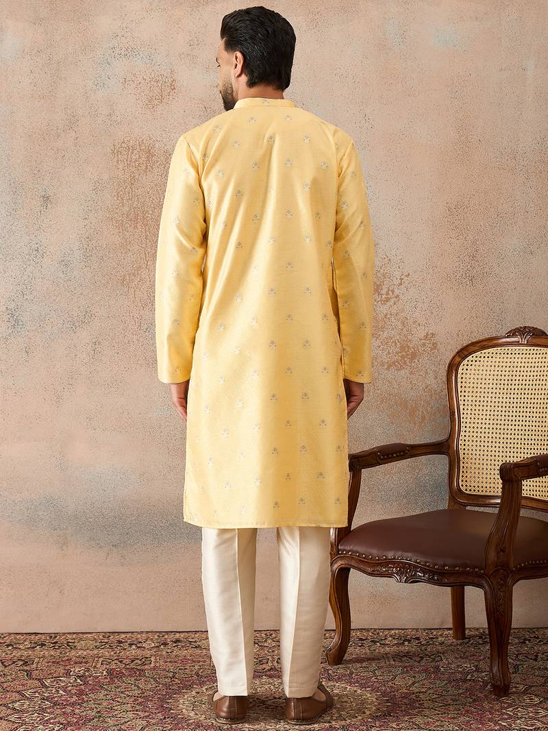 Mens yellow silk blend floral straight kurta