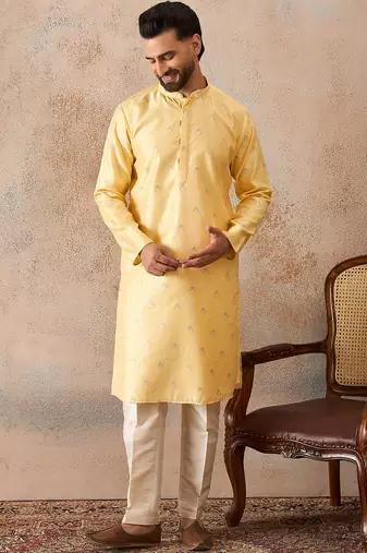 Mens yellow silk blend floral straight kurta